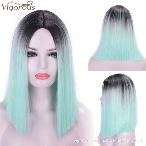 Vigorous 14 inches Short Straight Bob Wig 2 Tone Ombre Green Middle Part Heat Resistant Synthetic Cosplay Daily Use For Women